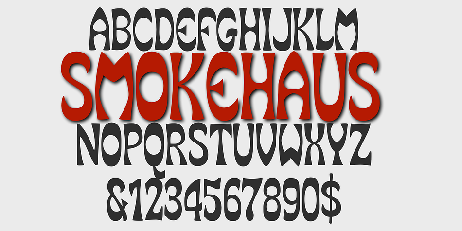 SmokeHaus is a caps-only, reverse-contrast display typeface with flare serifs and bold, rounded letters.