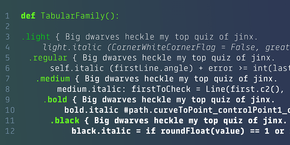 Every glyph in Tabular family shares the same advance width, meaning that line-wrap isn’t affected by emboldening or italicising text.