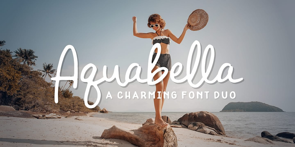 Aquabella is a charming font duo that is ready to add a touch of fun to any project:
birth announcements, shower and wedding invitations, greeting cards, posters, calendars, and
so much more!