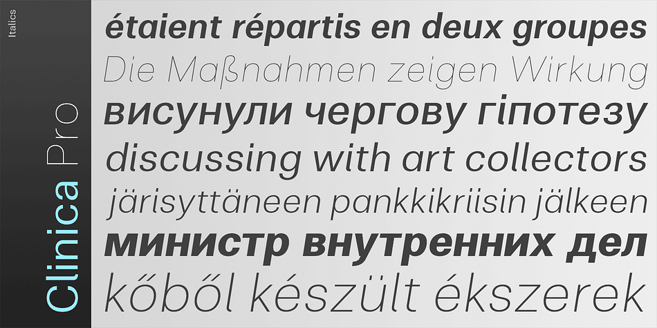Displaying the beauty and characteristics of the Clinica Pro font family.
