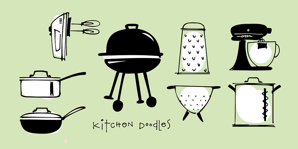 Whether you cook or eat, design menus or recipe cards or cookbooks this set of 30 fresh Kitchen Doodle illustrations makes the job easier.