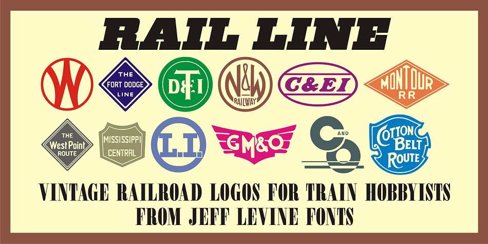 Rail Line JNL is a font for the railroad enthusiast for making their own model train car emblems.

The logos contained in this font are or may be the property of the various rail companies, their assigns and/or successors.