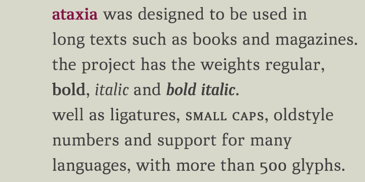 The font has the weights regular, bold, italic and bold italic as well as ligatures, small caps, oldstyle numbers and support for many languages, with more than 500 glyphs.