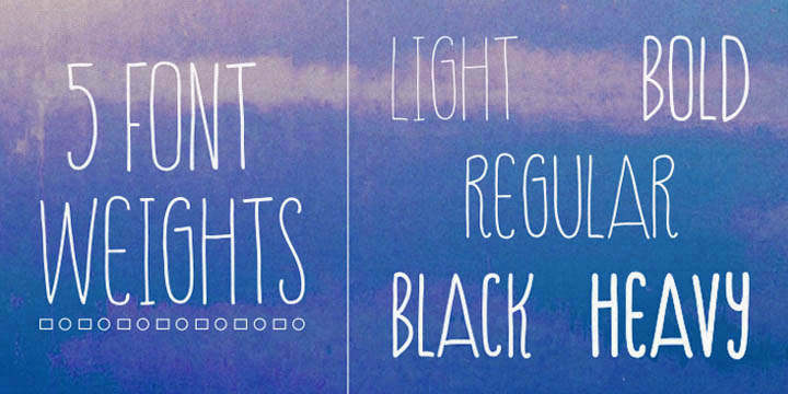 This font features five font weights (Light/Regular/Bold/Black/Heavy).