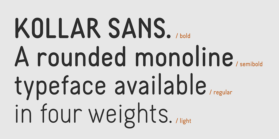 Kollar Sans is a monoline, rounded face with strongly geometric bones, but enough quirks to give it a throwback character.