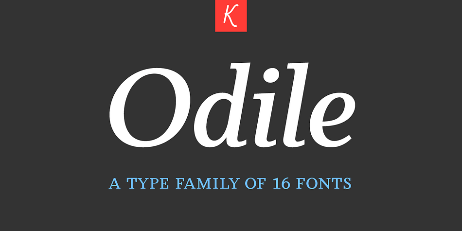 Odile™ is a text typeface with bracketed head and bracket-free bottom lower case serifs, a quality that counters rigidness most traditional slab serif typefaces possess.