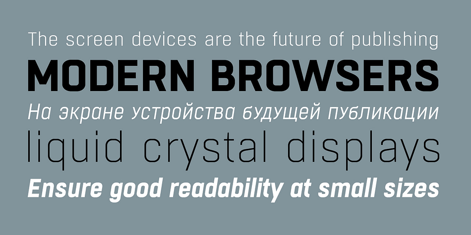 The semi-modular geometric font shapes seek to be fully responsive to the grid of screen«s pixels to deliver a crisp, fluid reading rate.