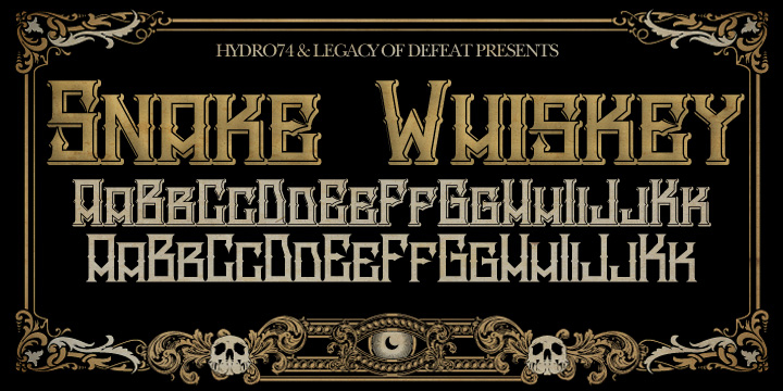 Displaying the beauty and characteristics of the H74 Snake Whiskey font family.