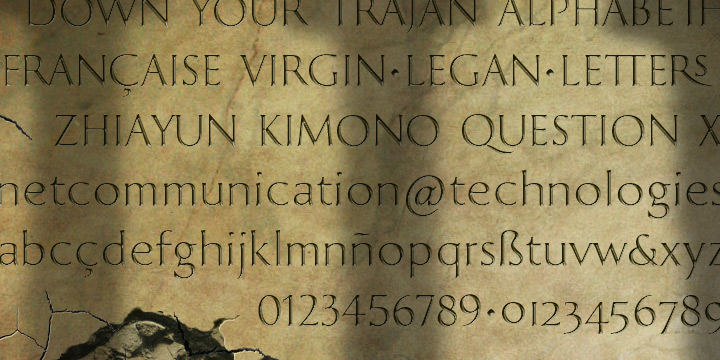 “Legan” is a font created by PeGGO Fonts, a very large typeface that follows the classical Trajan pattern, several geometrical proportions like root five, divine proportion (Golden Ratio), regular square, between other ones, same like Greek Trajan uppercase letters used at Trajan’s Column.