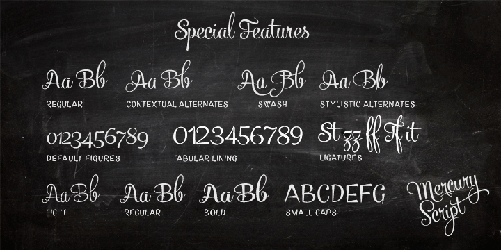 Click on Swash, Contextual or Stylistic alternates in any Open type savvy application for plenty of extra grooviness and combine with Mercury Ornaments for superb results.