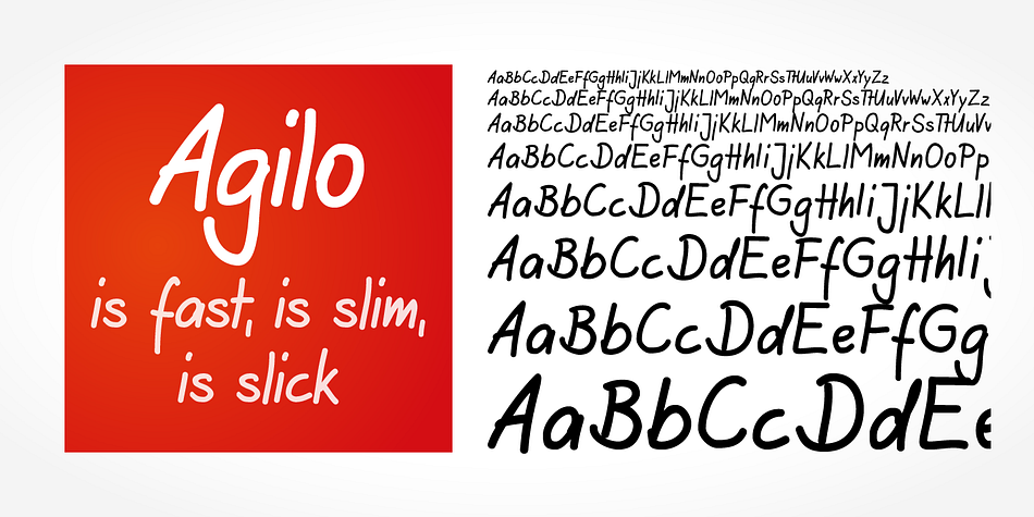 Agilo Handwriting Pro is an upright, medium weight handwriting font with a simplified, slightly sloped print (non-connecting) style that mimics true handwriting closely.