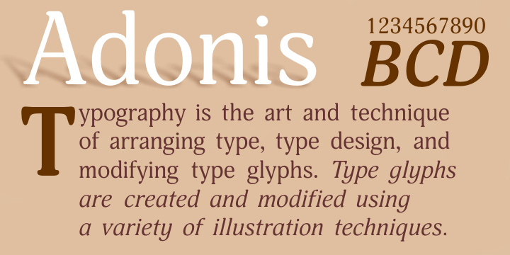 Adonis is a typeface of classical appearance with slightly oblong proportions, small rounded serifs, and soft letterforms. The face is both space-saving and quite legible in small sizes.