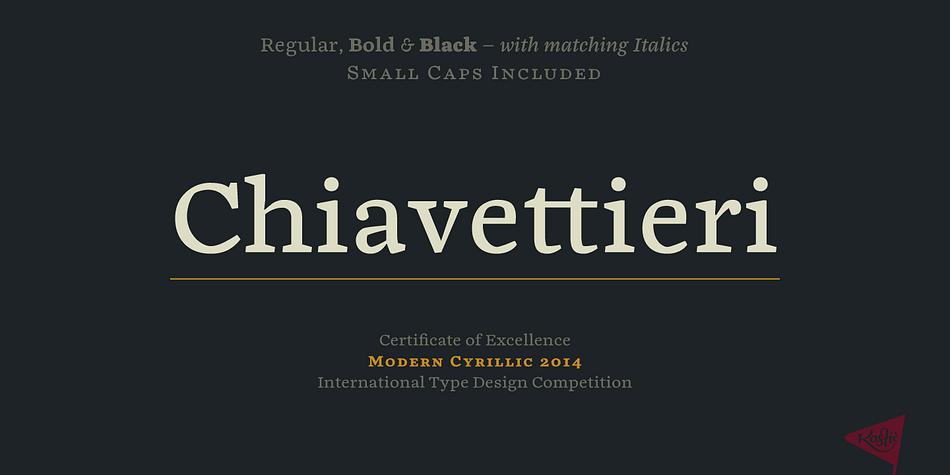 Chiavettieri draws inspiration from Humanist types, marked by low contrast between thick and thin strokes and the angle of stress in the bowls of letters.
