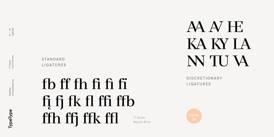 TT Nooks also has small capitals for Latin and Cyrillic alphabets, ligatures, oldstyle figures and other OpenType features.
