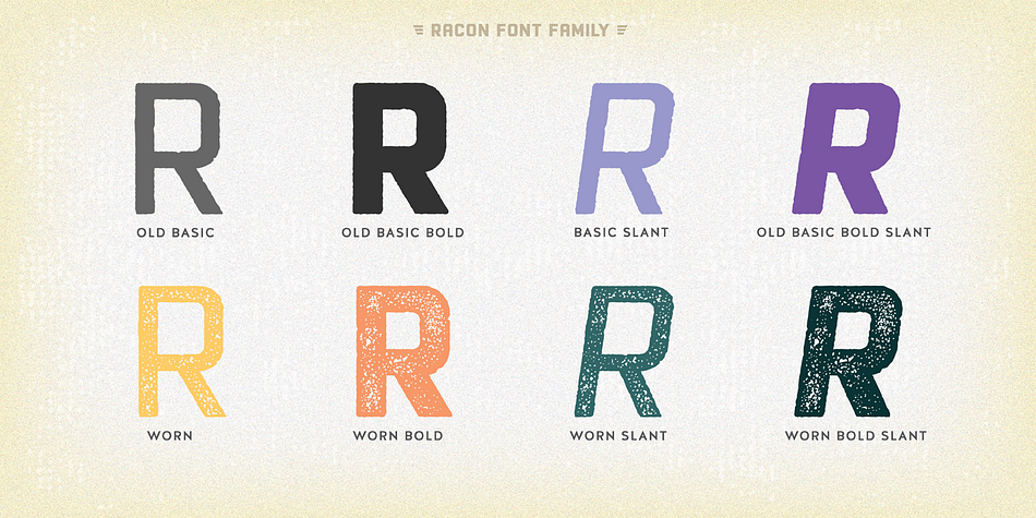 You can enrich your designs by using Racon Fonts with its clean and old styled extra figures.
