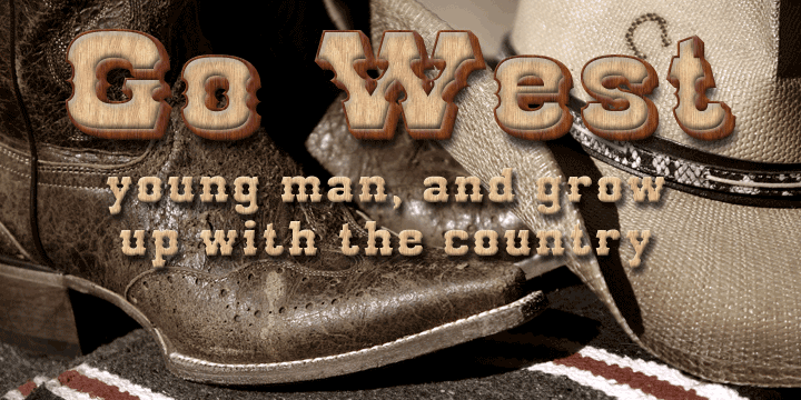 Go West is a spurred version of the FontMesa Red Dog Saloon font which is a revival of an old 1800s woodtype font.