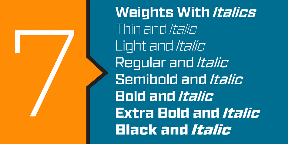 Seven weights with matching italic fonts step up to your tough design challenges.
