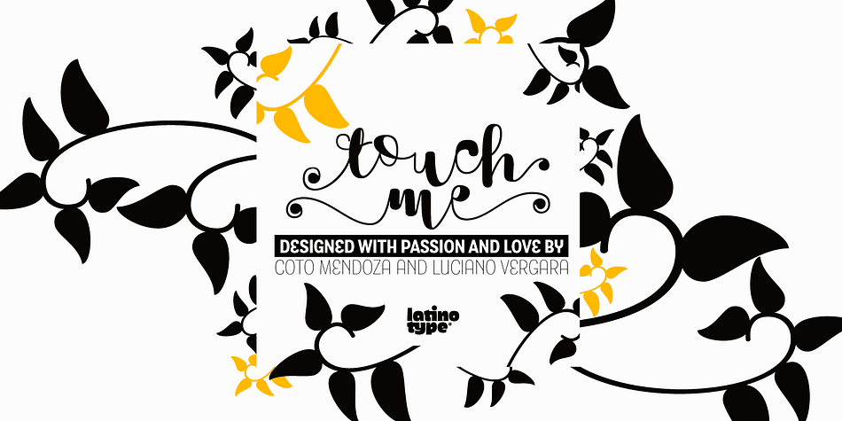 Touch Me is a Script hand-drawn style typeface-designed by Coto Mendoza-resulting from polyrhythmic exploration, sign deconstruction and altered calligraphic contrast plays with watercolour brush.