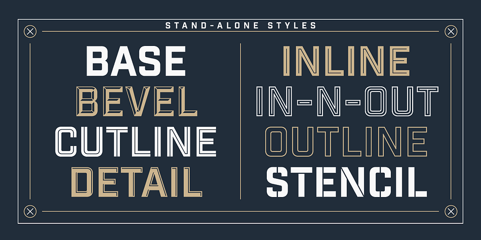 The typeface comprises numerous stand-alone styles along with a layered type system.