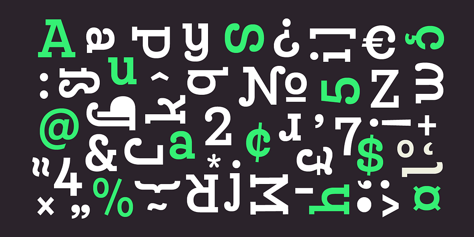 Queulat Condensed font family sample image.