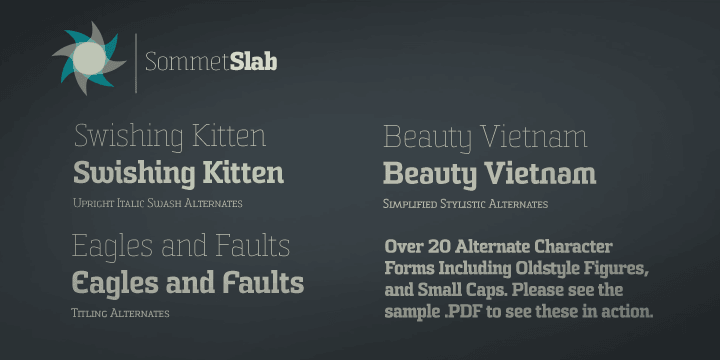 Sommet Slab is available with six weights and complementary italics and plenty of OpenType features.