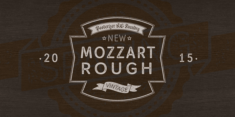 Vintage, printed look Mozzart Rough typeface from Posterizer KG Type Foundry is one of two decorative versions of Mozzart Sans font family (slightly rounded, Neo-Grotesque corporate font, created for MOZZART D.O.O.
