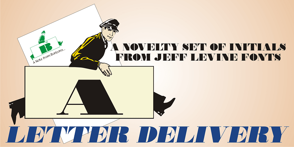 The combination of some Bodoni extra-wide wood type letters and an image redrawn from a 1940s package label from the long-defunct Railway Express Agency form the characters in Letter Delivery JNL.