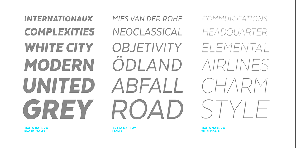 Texta Narrow font family sample image.