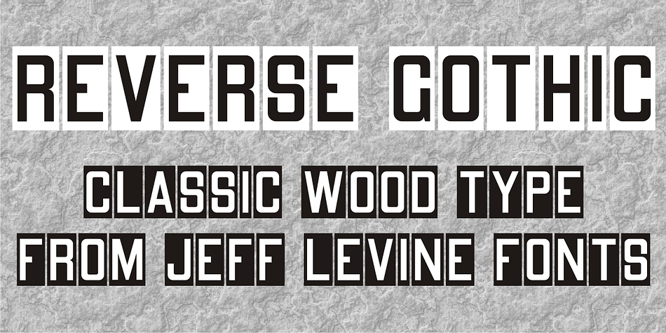 Reverse Gothic JNL is a design based on vintage reverse letterpress type for creating interesting headlines with white-on-black text.