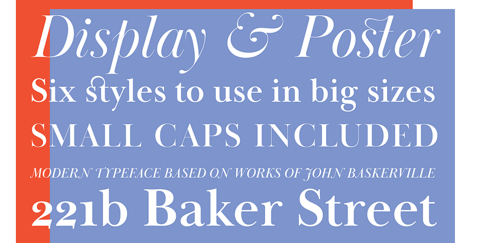Two weights of Baskerville Display with matching italics are much lighter than the existing text versions of Baskerville.