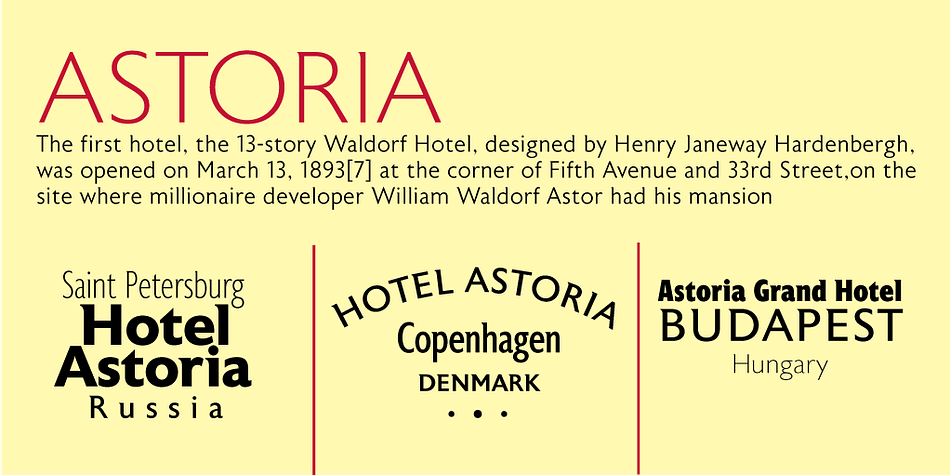 Based heavily on Gill especially in the mid weights, Astoria has a subtle top left serif which makes it not quite a Roman and not quite a Sans.