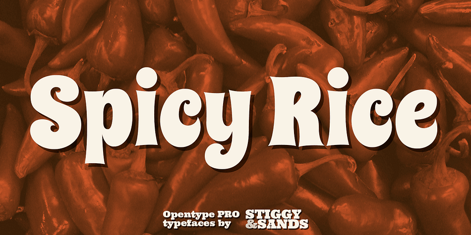 Our Spicy Rice Pro has a festive flair to it that works through winter holidays to summertime jams. Casual and exciting, the extra heavy letterforms are imbued with a little exotic flair and flavor to spice up the party.
