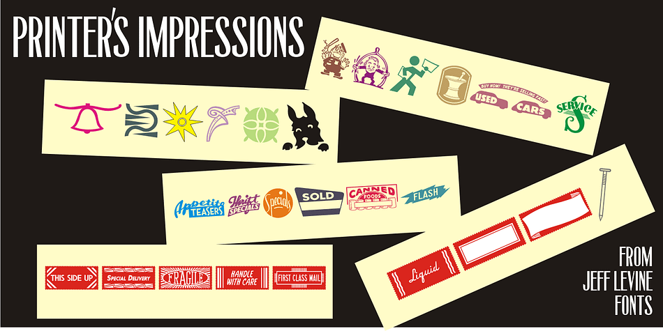 Printers Impressions JNL is an assortment of various letterpress ornaments, corner pieces, catch words and other designs, along with some shipping labels with perforated edges; all re-drawn from vintage source material.