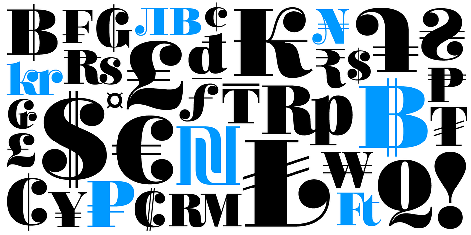 Certain currency symbols that are not independent glyphs (Q, Ft, kr etc.) are included as their constituent letters, some of which also have automatic ligatures for that little something extra.