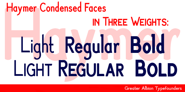 An extensive family is offered, in four weights, regular and condensed widths, Lower case and capitals (small and petite) forms as well as display 