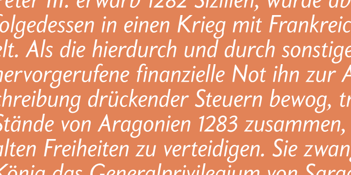 By also using the same idea as its roman counterpart, where the stems gradually thicken as they go higher, it becomes a unique breed of sans serif, conservative and legible in small text, and attractively modern in titling setting.