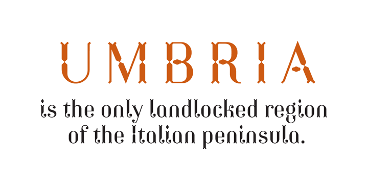 Umbria is a decorative display typeface ñ ideal for use in titles, logos, magazines, posters, as well as short text paragraphs.