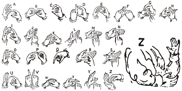 This alphabet is presented in two forms with one and two hands.