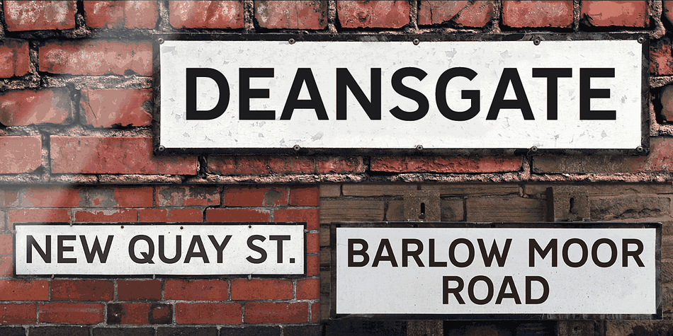 Deansgate and Deansgate Condensed are based on the clearest and most distinctive of the sans-serif letterforms used on Manchester street nameplates, and easily identified by a pointy Z and pointed vertex/apex on M and W.