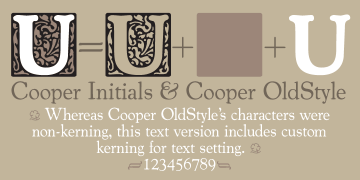 Cooper OldStyle has been lovingly redrawn from Oswald Bruce Cooper’s original drawings and mechanical proofs while Cooper Initials have been drawn from a sample in the seminal monograph of Cooper’s work, The Book of Oz.