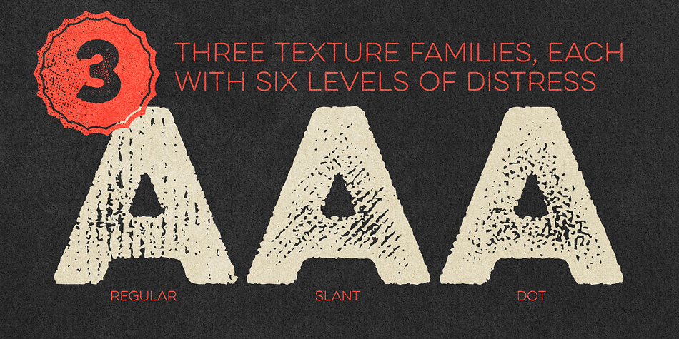 Each sub-family offers six distress options per letter and 3 options for all other characters allowing incredible control and customization.