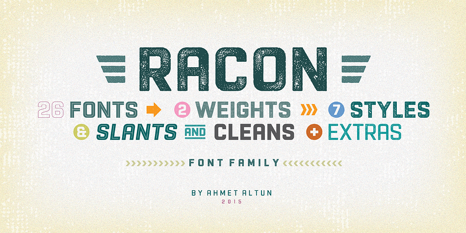    Racon Font Family comes in two weights as regular and bold with seven styles.