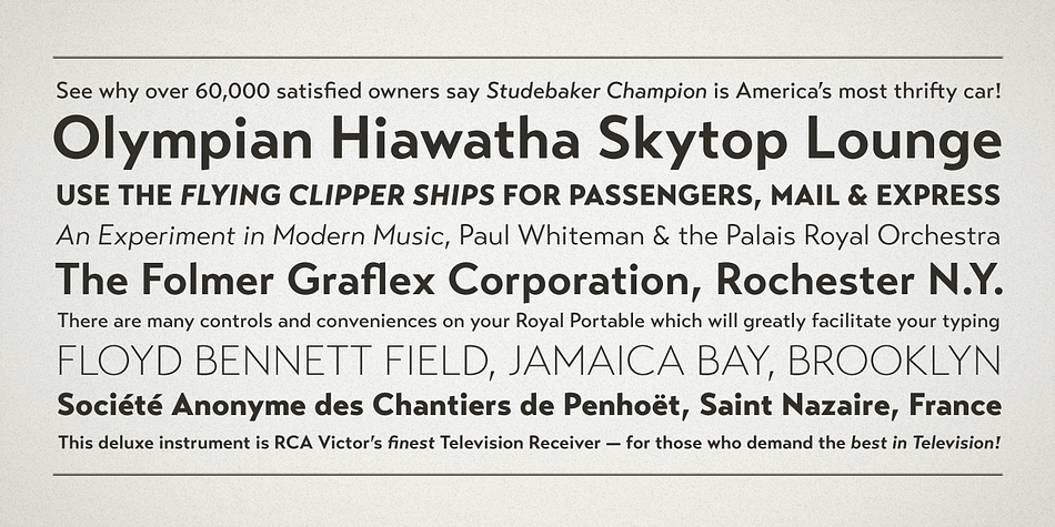 Transat Text includes many OpenType features, such as ligatures, small capitals, case sensitive forms, stylistic alternates, arbitrary fractions, and a full complement of proportional, tabular, and oldstyle figures.