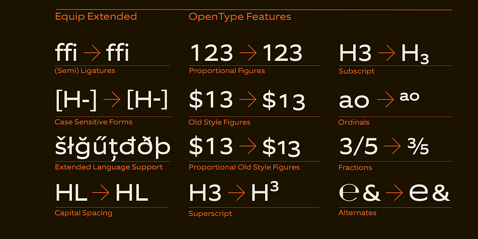 The EquipExtended family comes in OpenType format with extended language support.