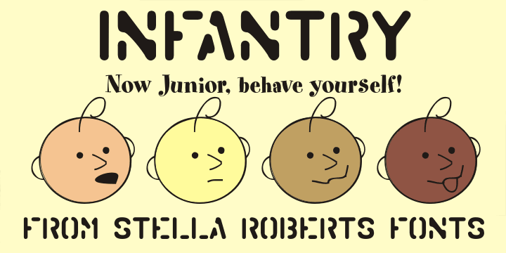 Infantry SRF was originally a freeware dingbat font from Jeff Levine from 1999 featuring twenty-six cute baby expressions.