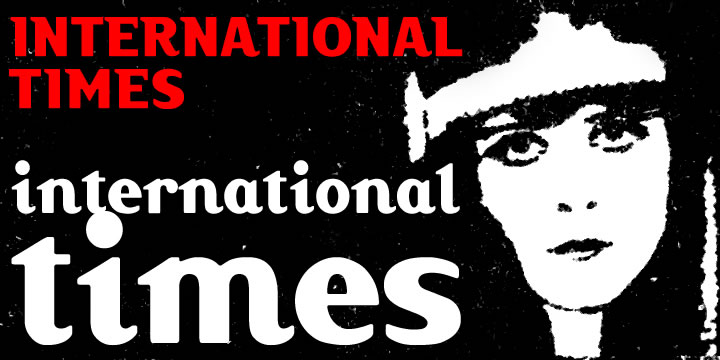 International Times is a full font based on the two letter masthead of ‘it’ (pronounced “eye tea”), the 
International Times, a British underground newspaper/magazine of the late 1960s and early 70s.