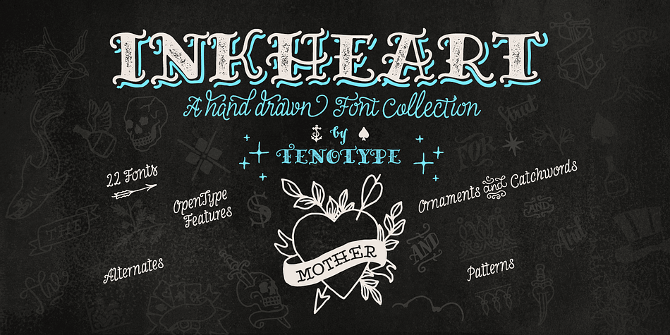 Inkheart is a handmade font family of 22 fonts designed to play together.
