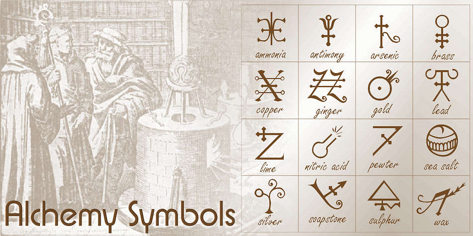 The Alchemy Symbols Series contains over 220 unique characters based on the cruptic symbols used by Alchemists in the middle-ages.