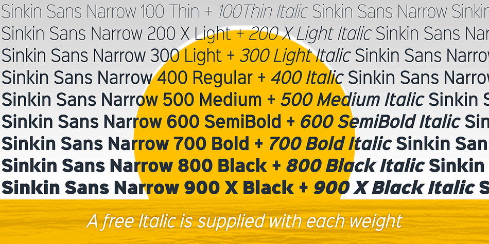 Sinkin Sans Narrow is a simple, pleasantly proportioned and easy to read sans-serif, available in all 9 standard web weights, 100 to 900, plus italics.