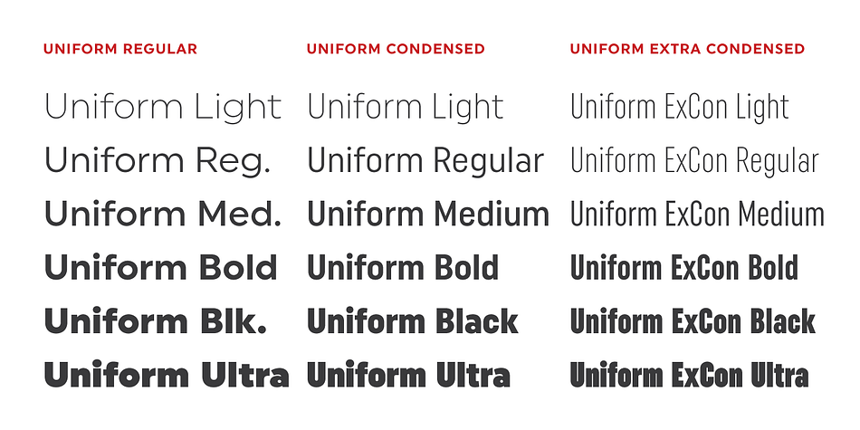 This unique idea creates a remarkably fresh type family that bridges the gap between circular geometric typefaces and condensed straight-sided typefaces.